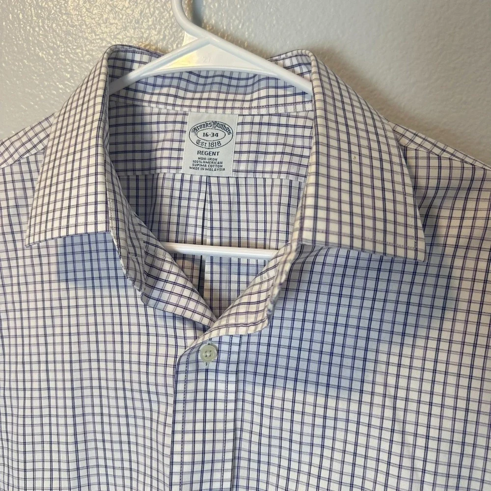 Brooks Brothers Mens-16-34 Regent‎ Dress Shirt Blue Plaid  Non Iron Cotton